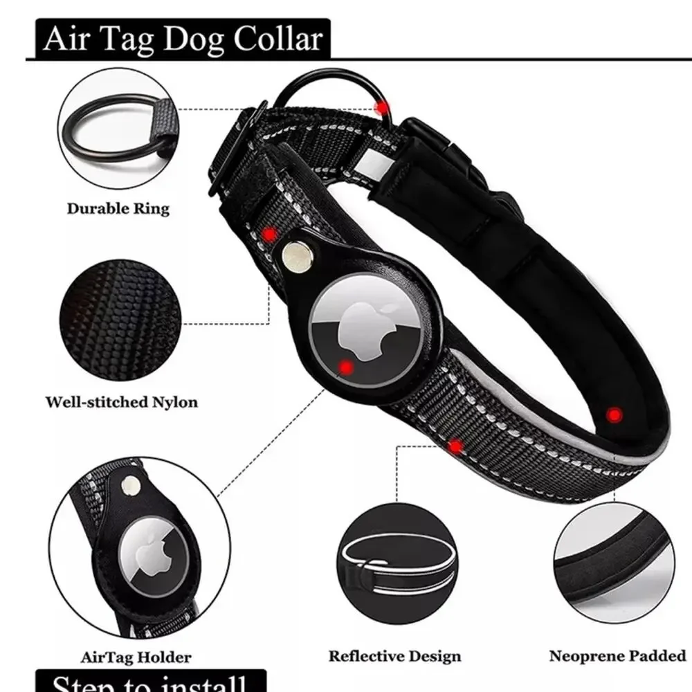 NWT dog collar orange Apple AirTag tracker reflective padded nylon medium B182